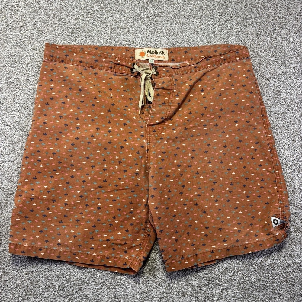 Mollusk Swim Trunks Mens 34 Brown Geometric Print Board Shorts Surf Pockets